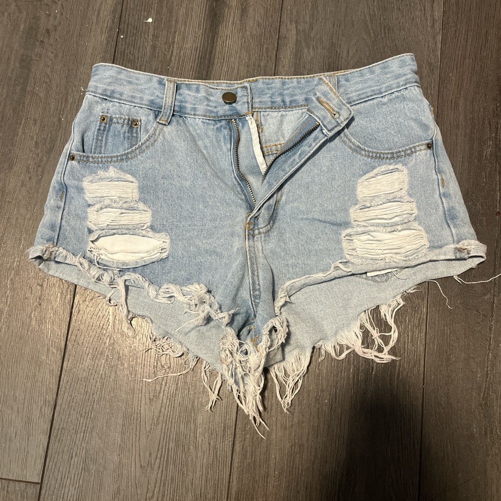 Distressed Light Blue Denim Shorts